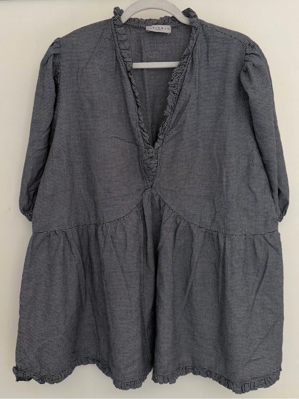 Harshman "Aiya" 91 Cotton 9 Wool Blue White Houndstooth V-Neck Blouse